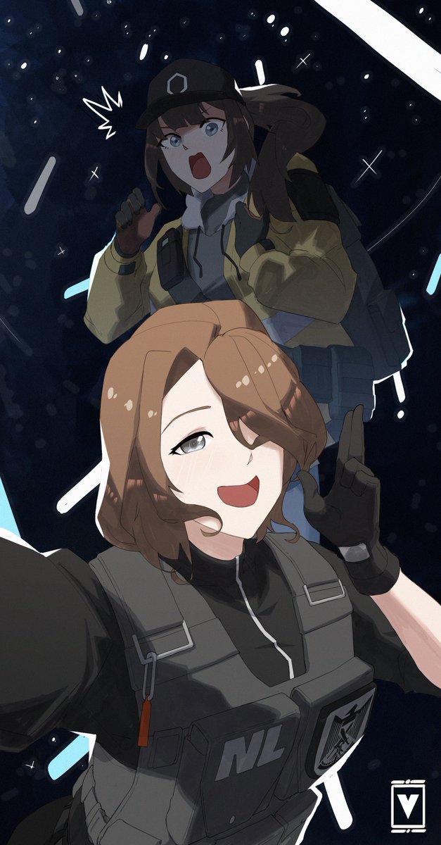 1boy 1girl baseball_cap black_gloves brown_hair bulletproof_vest cosplay crossdressing dima_(girls&#039;_frontline) emblem girls&#039;_frontline gloves hair_over_one_eye hat highres j_(girls&#039;_frontline) long_hair medium_hair romy_riefenstahl romy_riefenstahl_(cosplay) selfie stasi surprised tom_clancy&#039;s_the_division trait_connection variasii