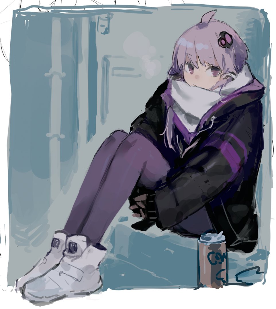 1girl ahoge alternate_costume black_jacket blue_background border can closed_mouth drink_can frown full_body hair_ornament hitogome hood hood_down hooded_jacket hugging_own_legs industrial_pipe interlocked_fingers jacket looking_at_viewer monochrome_background own_hands_together pantyhose purple_eyes purple_hair purple_pantyhose scarf shoes short_hair_with_long_locks sidelocks sitting sitting_on_stairs sneakers solo stairs v-shaped_eyebrows vocaloid voiceroid white_border white_scarf white_shoes winter_clothes yuzuki_yukari