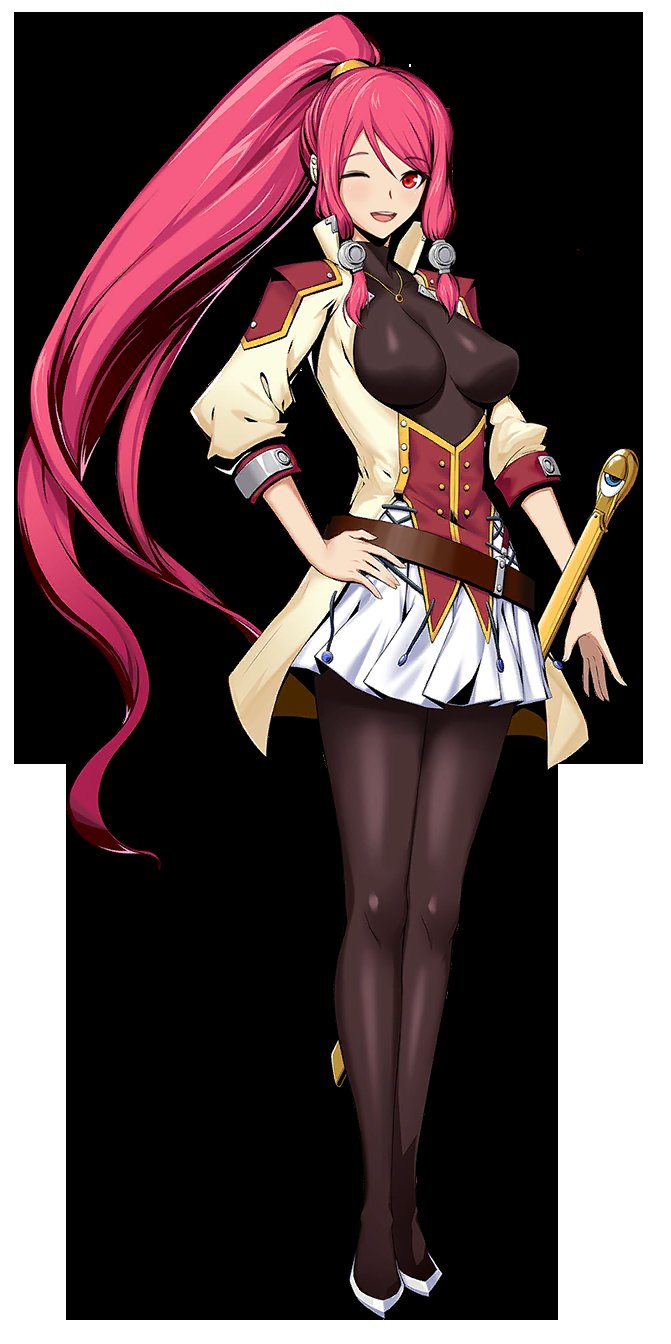 1girl ;d alternate_costume artist_request black_bodysuit black_pantyhose blazblue blazblue_alternative:_dark_war blush bodysuit hand_on_own_hip high_collar highres izayoi_(blazblue) legs_together official_art one_eye_closed open_mouth pantyhose pink_hair ponytail red_eyes red_hair sheath short_sleeves sidelocks skirt smile solo standing sword teeth third-party_source tokiwa_camellia tsubaki_yayoi upper_teeth_only weapon white_footwear white_justice white_skirt wink
