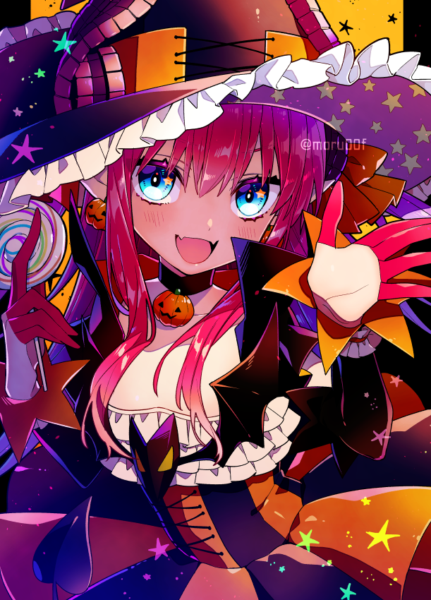1girl black_legwear blue_eyes blush breasts candy curled_horns detached_sleeves dragon_horns dress elizabeth_bathory_(fate) elizabeth_bathory_(halloween_caster)_(fate) fate/grand_order fate_(series) food halloween halloween_costume hands_up hat hat_ornament holding holding_candy holding_food holding_lollipop horns lollipop long_hair looking_at_viewer moru open_mouth pink_hair pointy_ears ribbon small_breasts smile solo star_(symbol) star_hat_ornament striped_clothes striped_dress type-moon vertical_stripes witch_hat