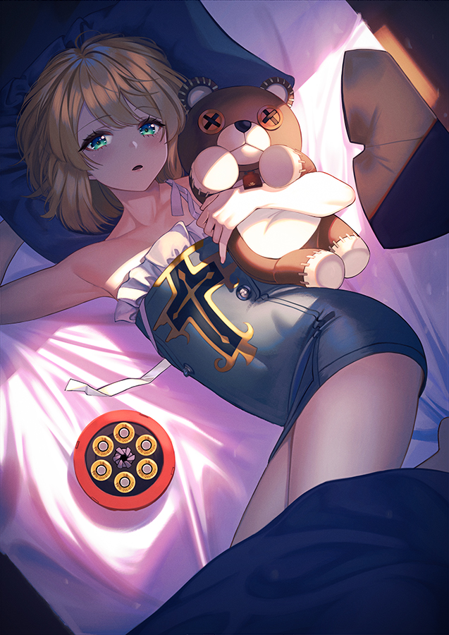 1boy bare_shoulders bed bike_shorts blonde_hair blush bridget_(guilty_gear) collarbone commentary green_eyes guilty_gear guilty_gear_xx holding holding_stuffed_toy looking_at_viewer lying male_focus on_back on_bed parted_lips pillow roger_(guilty_gear) shadow sidelocks solo stuffed_animal stuffed_toy teddy_bear trap unowen yo-yo