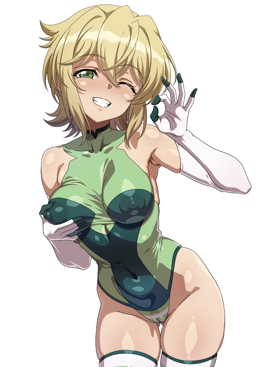 1girl akatsuki_kirika blonde_hair breasts cameltoe covered_erect_nipples covered_navel fellatio_gesture grabbing_own_breast green_eyes green_leotard highres impossible_clothes impossible_leotard leotard looking_at_viewer medium_breasts one_eye_closed senki_zesshou_symphogear shiny_skin short_hair simple_background skin_tight skindentation smile solo standing striped_clothes syunzou thighhighs white_background white_thighhighs