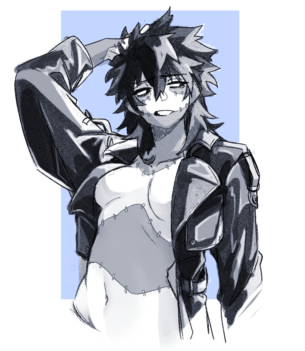 1girl black_hair blue_background boku_no_hero_academia breasts burn_scar buttonheart cheek_piercing clenched_teeth collarbone dabi_(boku_no_hero_academia) face_piercing genderswap genderswap_(mtf) greyscale_with_colored_background hand_in_own_hair highres jacket leather leather_jacket long_hair looking_to_the_side medium_breasts messy_hair multiple_scars navel no_nipples no_shirt piercing scar scar_on_neck simple_background solo spiked_hair staple stapled stitches teeth upper_body