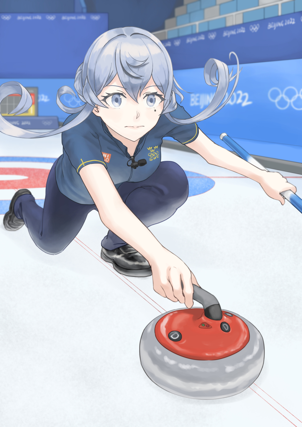 1girl 2022_winter_olympics alternate_costume black_footwear blue_eyes blue_hair blue_pants blue_shirt closed_mouth commentary_request curling curling_broom curling_stone flag_print gotland_(kancolle) hair_between_eyes hair_bun highres holding kantai_collection mole mole_under_eye olympics on_one_knee pants playing_sports shirt short_sleeves single_hair_bun sliding solo swedish_flag swedish_flag_print taruya uniqlo
