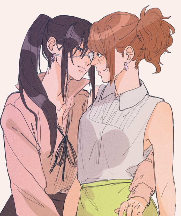 2girls alternate_costume arm_around_waist bare_arms black_hair blush brown_hair popped_collar earrings eyepatch female_focus gintama jewelry long_hair multiple_girls penginius ponytail simple_background sketch skirt sleeveless yagyuu_kyuubei yuri