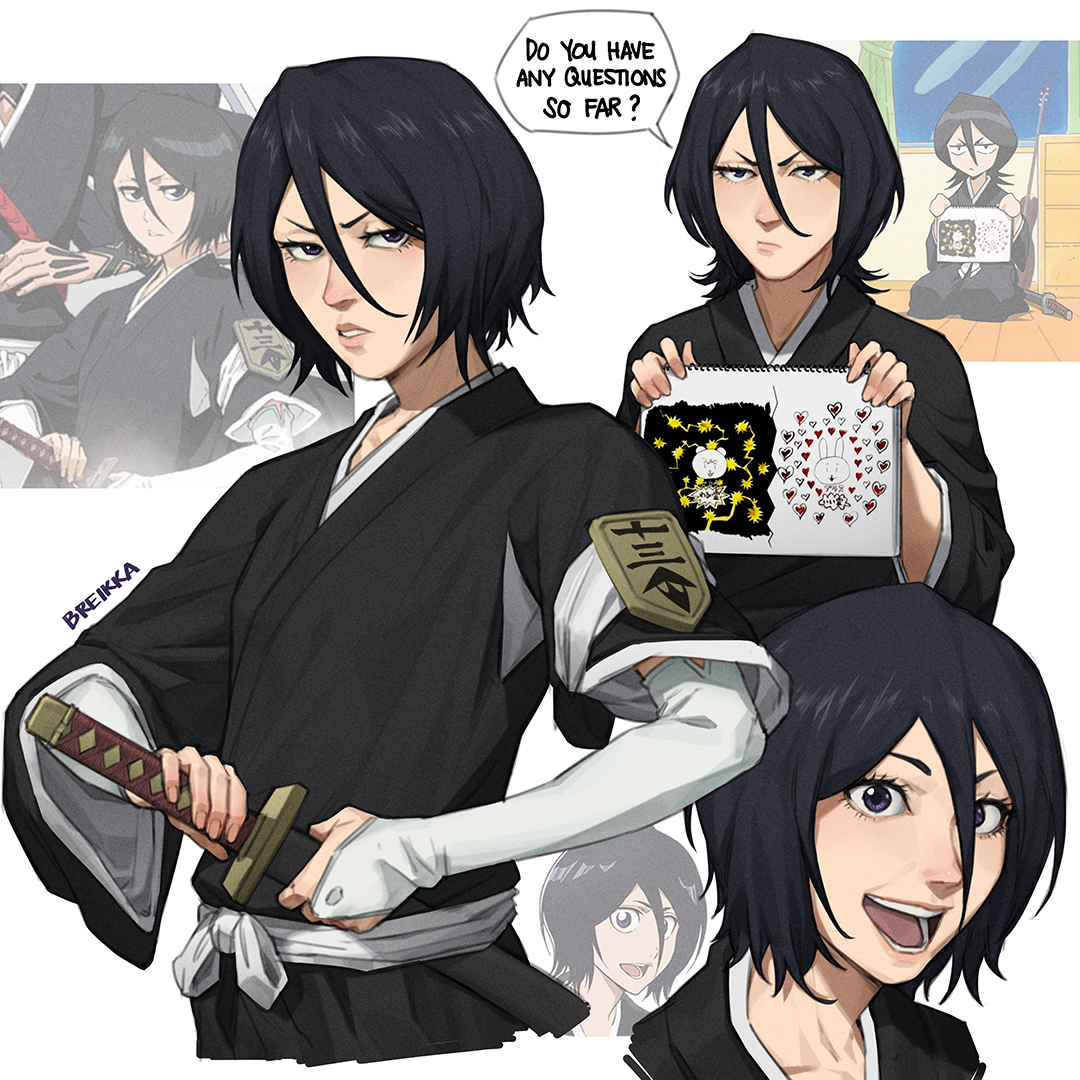 1girl artist_name black_hair black_kimono bleach blue_eyes breikka bridal_gauntlets closed_mouth commentary cropped_torso derivative_work drawing elbow_gloves english_commentary english_text fingernails gloves hair_between_eyes holding holding_notebook japanese_clothes katana kimono kuchiki_rukia lips looking_at_viewer multiple_views notebook open_mouth parted_lips pink_lips sash screenshot_redraw short_hair simple_background smile sode_no_shirayuki speech_bubble sword teeth tongue weapon white_background white_gloves