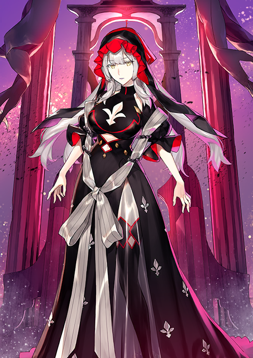 1girl arms_at_sides black_dress black_thighhighs black_veil breasts cleavage_cutout closed_mouth clothing_cutout dress expressionless fate/grand_order fate_(series) feet_out_of_frame fleur-de-lis floating_hair front_slit game_cg ginka_sima guillotine high_collar large_breasts lips long_dress long_hair looking_at_viewer marie_antoinette_(fate) marie_antoinette_alter_(fate) marie_antoinette_alter_(second_ascension)_(fate) official_art see-through_skirt_layer short_sleeves sidelocks solo thighhighs third-party_source underboob_cutout variant_set veil white_hair yellow_eyes