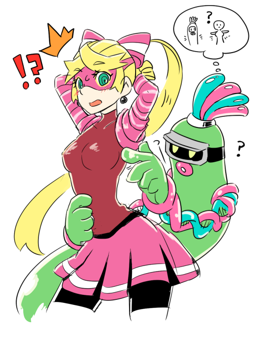 !? 1girl 2018 ? arms_(game) arms_behind_head behind_another bike_shorts blonde_hair bow breasts covered_erect_nipples dna_man_(arms) goggles grabbing_from_behind hair_bow hitohito medium_breasts nintendo open_mouth ribbon_girl_(arms) skirt speech_bubble thought_bubble