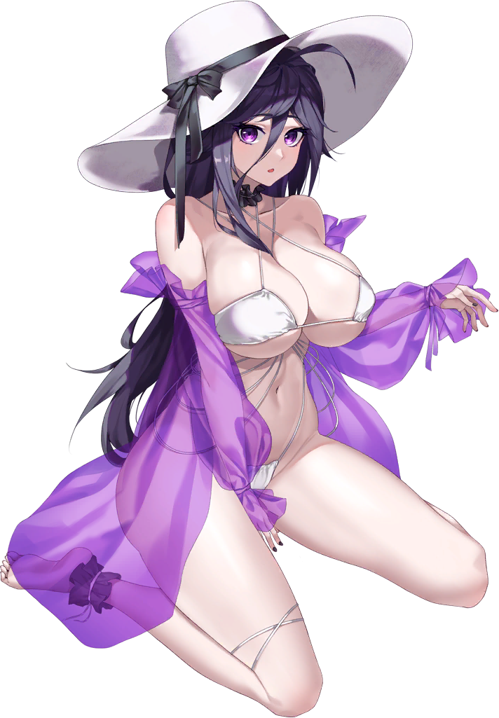 1girl ahoge ankleband bare_shoulders barefoot between_breasts bikini black_choker black_nails black_ribbon breasts choker cleavage collarbone covering_crotch covering_privates criss-cross_halter d-log frilled_choker frilled_shawl frills full_body hair_between_eyes halterneck hat hat_ribbon hela_(last_origin) highleg highleg_swimsuit large_breasts last_origin linea_alba long_hair looking_at_viewer messy_hair nail_polish navel official_alternate_costume official_art open_mouth purple_eyes purple_hair purple_shawl ribbon see-through_clothes see-through_shawl shawl simple_background sitting skindentation string_bikini sun_hat swimsuit tachi-e thigh_strap third-party_source transparent_background wariza white_bikini white_headwear