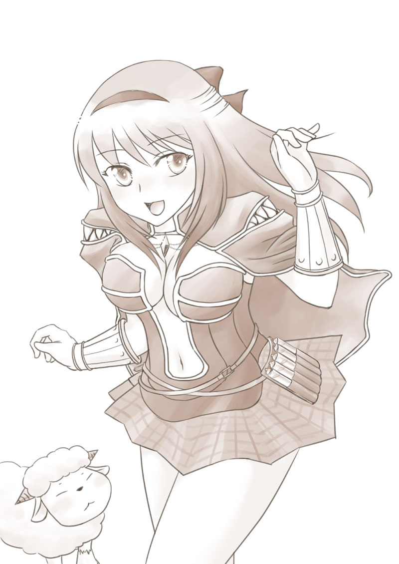 1girl amistr_(ragnarok_online) bow breasts brown_theme cape commentary_request cowboy_shot creator_(ragnarok_online) gloves hair_bow hairband harunyan large_breasts long_hair looking_at_viewer monochrome navel open_mouth plaid_clothes plaid_skirt plunging_neckline ragnarok_online sheep shirt simple_background skirt smile solo strapless strapless_shirt vial