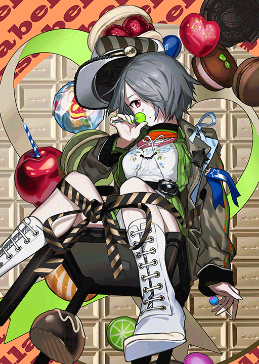 1girl boots bow candy chair chair_tipping character_name female_focus food fruit green_nails grey_hair hair_over_one_eye hat isabella_(love_live!) jacket lollipop long_sleeves looking_at_viewer love_live! love_live!_school_idol_festival macaron nail_polish official_art oguchi oversized_food oversized_object pink_eyes ribbon short_hair sitting solo striped