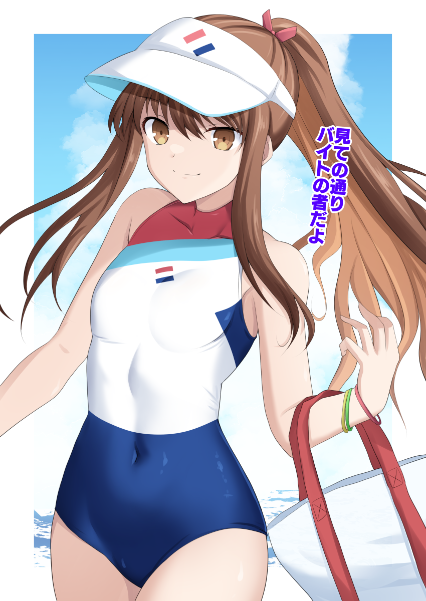 1girl bare_shoulders blue_one-piece_swimsuit breasts brown_eyes brown_hair cross_(crossryou) fate/grand_order fate_(series) hat highres kishinami_hakuno_(female) long_hair looking_at_viewer multicolored_swimsuit one-piece_swimsuit ponytail sidelocks small_breasts smile solo swimsuit thighs translation_request visor_cap white_hat white_one-piece_swimsuit