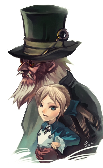 1boy 1girl alice_elliot alice_elliot_(cosplay) alternate_costume beard blonde_hair blue_eyes cornelia_(shadow_hearts) cosplay doll facial_hair gepetto_(shadow_hearts) glasses hair_ribbon key pablo_uchida ribbon ringlets shadow_hearts shadow_hearts_ii