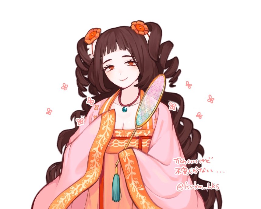 1girl breasts brown_hair chinese_clothes cleavage closed_eyes drill_hair hand_fan hanfu jade_pendant krkm_hks limbus_company long_hair long_sleeves looking_at_viewer orange_eyes paper_fan pink_hanfu project_moon short_bangs sidelocks smile solo twin_drills uchiwa very_long_hair wide_sleeves xue_baochai_(project_moon)