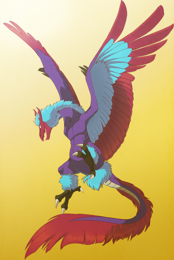 1other artist_request bird claws creature digimon digimon_(creature) fangs flying looking_at_viewer monster no_humans ornismon other_focus simple_background solo tail wings