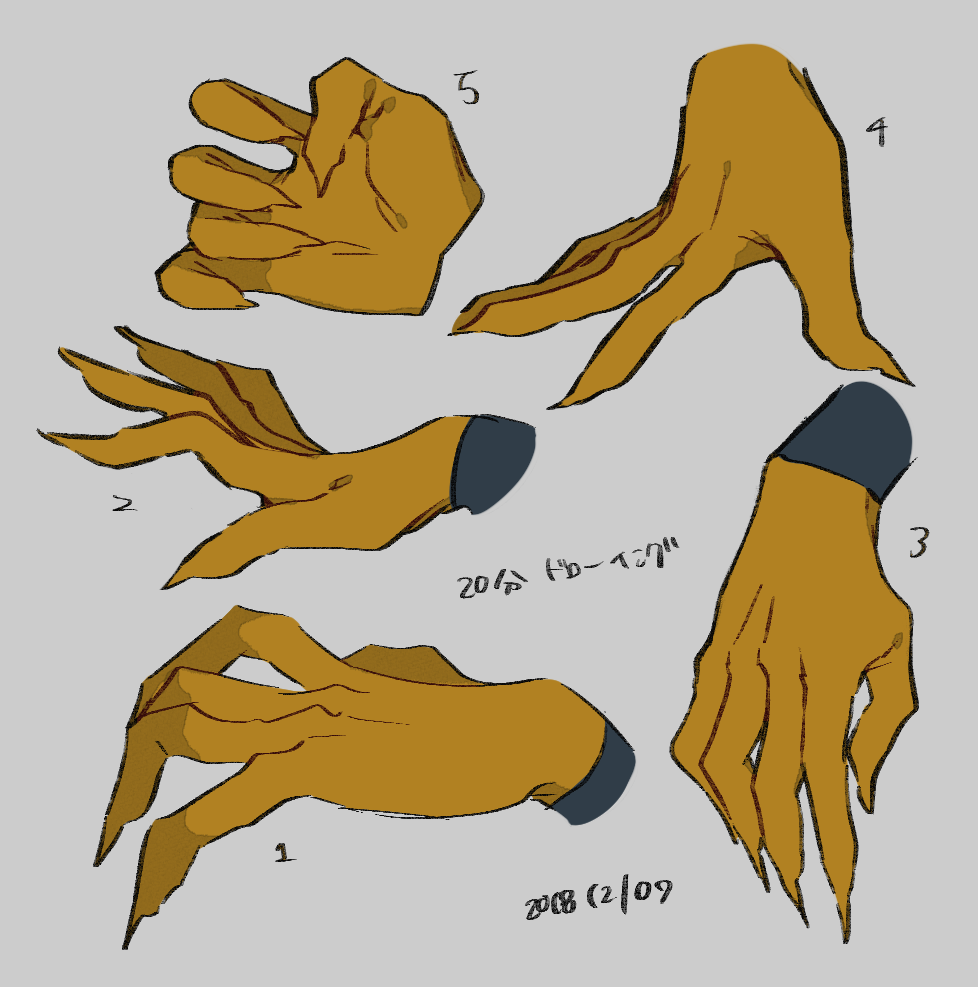 arne_no_jikenbo black_wrist_cuffs character_request claws commentary commentary_request dated english_commentary gloves grey_background hand_focus mixed-language_commentary numbered shuntaro_(tya_nya0000) simple_background translation_request wrist_cuffs yellow_gloves