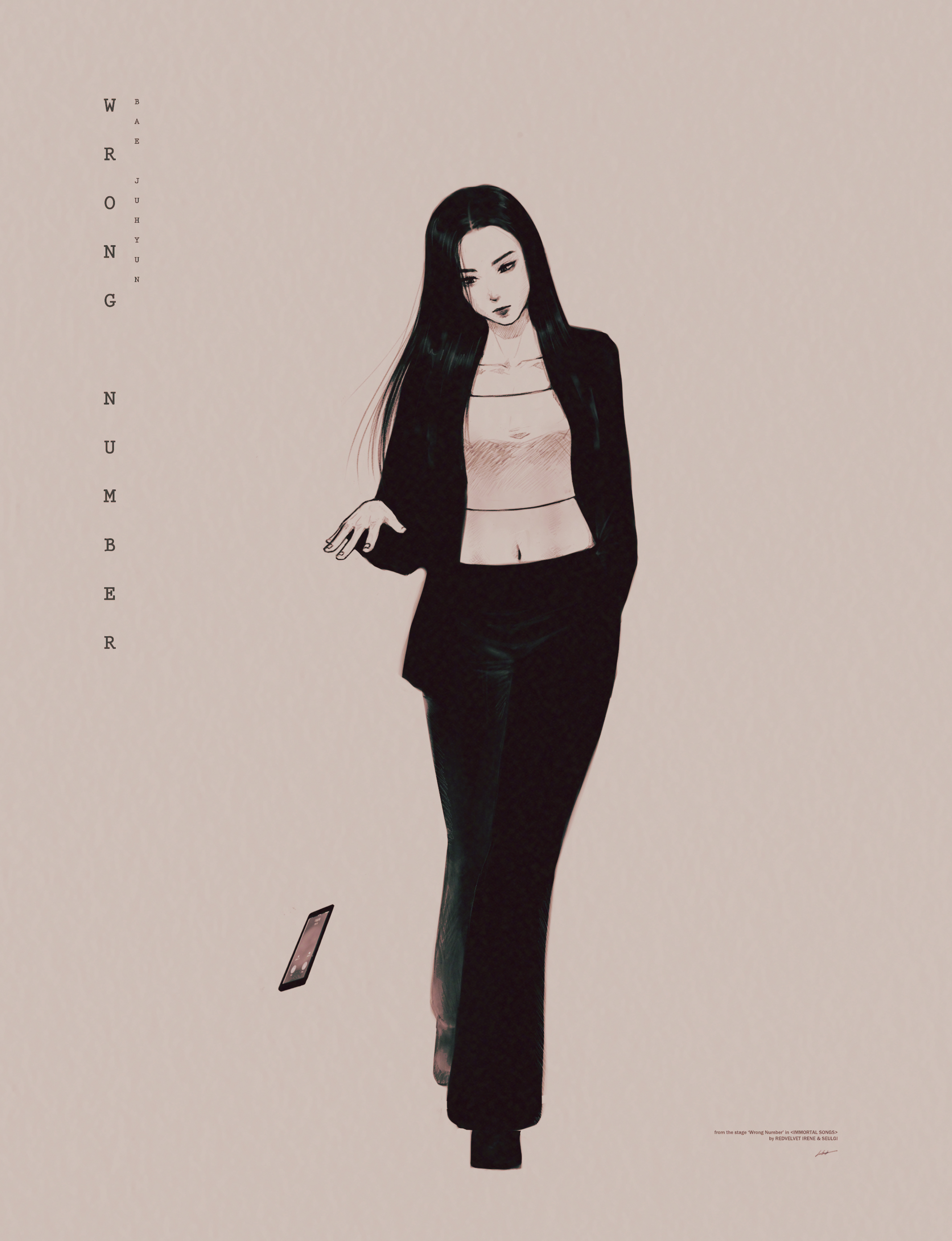1girl absurdres artist_name_(singer) commentary falling full_body greyscale highres irene_(red_velvet) jacket k-pop long_hair monochrome phone real_life red_velvet_(group) simple_background sin_daybreak solo song_name