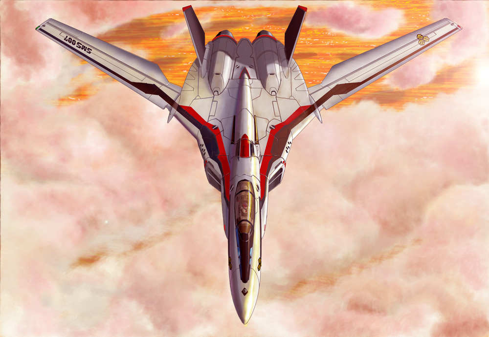 1boy 1girl aircraft airplane canopy cloud cockpit emblem flying galia_iv helmet i.t.o_daynamics jet macross macross_frontier mecha pilot_suit ranka_lee realistic robot s.m.s. saotome_alto science_fiction spacesuit spoilers vehicle_focus vf-25 water