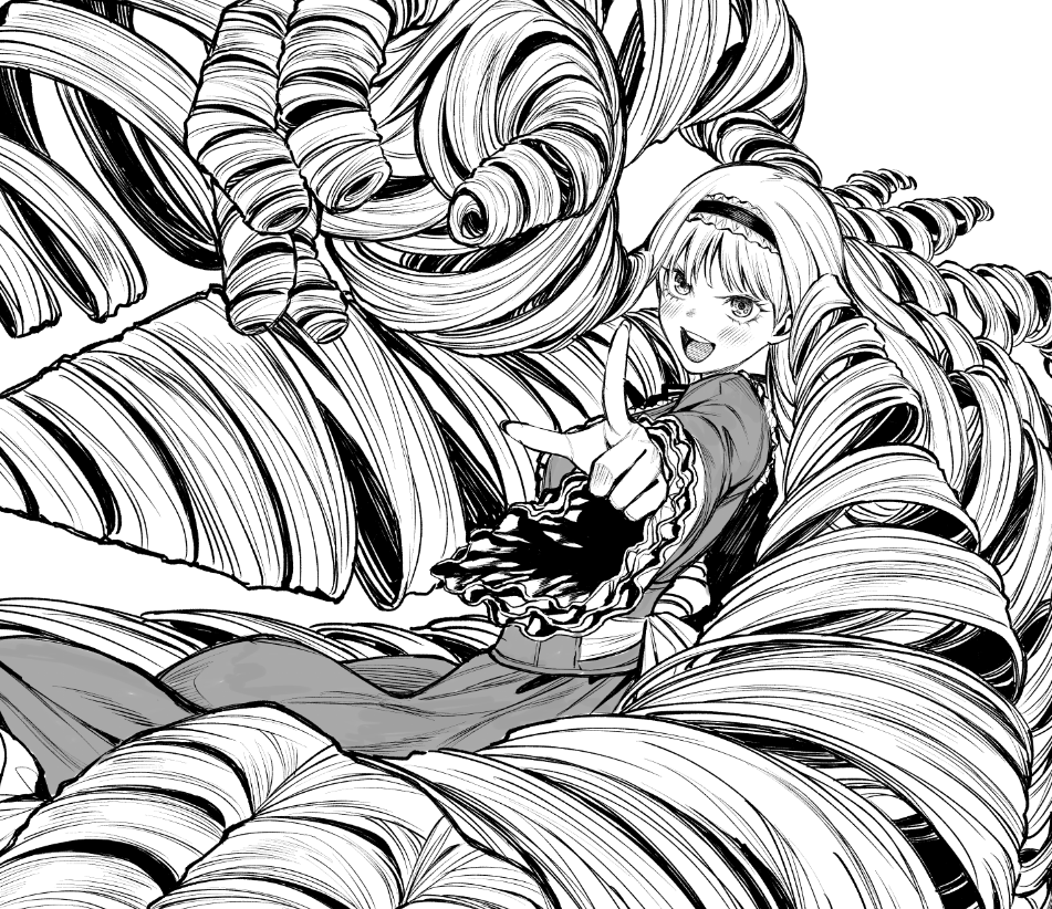 1girl blush dress drill_hair drill_sidelocks frilled_hairband frills greyscale hair_weapon hairband iro_marimo long_hair looking_ahead monochrome multiple_drills open_mouth original pointing pointing_forward sidelocks solo teeth upper_teeth_only very_long_hair wide_sleeves