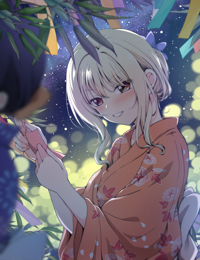2girls asaka_karin bamboo blonde_hair blue_hair blue_kimono blurry blurry_foreground blush commentary_request diverdiva floral_print grin hair_between_eyes hair_over_shoulder holding holding_tanzaku japanese_clothes kimono kuroda_roku_(345) looking_at_another love_live! love_live!_nijigasaki_high_school_idol_club love_live!_school_idol_festival_all_stars medium_hair miyashita_ai morning_glory_print multiple_girls night night_sky obi orange_kimono print_kimono red_eyes sash sky smile star_(sky) starry_sky tanabata tanzaku upper_body yukata yuri