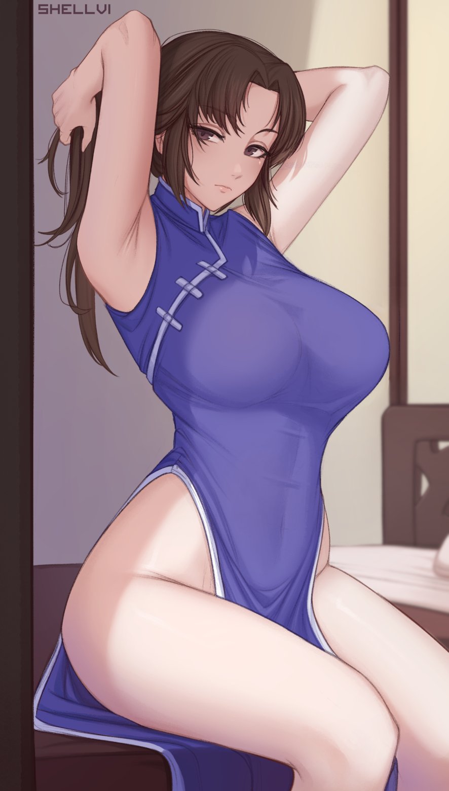 1girl armpits arms_behind_head arms_up bed blue_dress breasts brown_eyes brown_hair china_dress chinese_clothes collared_dress dress expressionless highres holding holding_own_hair hong_xiu_ying huge_breasts indoors large_breasts long_hair looking_at_viewer on_bed parted_bangs pelvic_curtain sega shellvi shenmue shenmue_ii shenmue_the_animation side_slit sidelocks signature sitting skin_tight sleeveless sleeveless_dress solo thighs