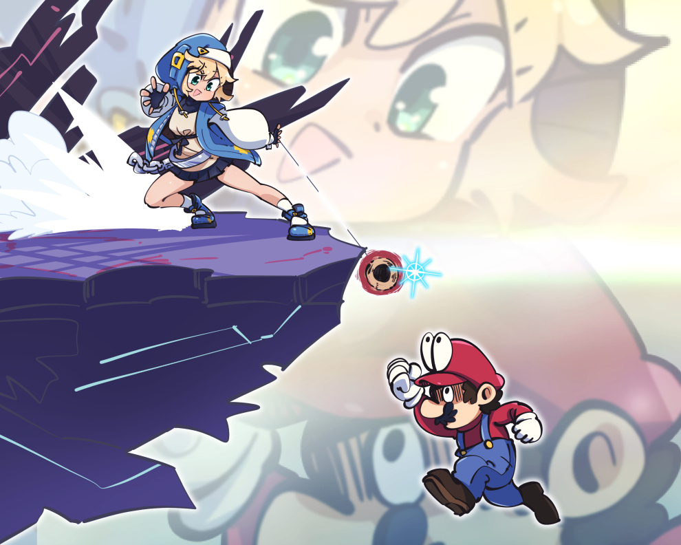 2boys black_gloves blonde_hair blue_footwear blue_jacket blue_overalls boots bridget_(guilty_gear) brown_footwear brown_hair cappy_(mario) commentary_request crossover final_destination_(smash_bros) fingerless_gloves full_body gloves gram_9 green_eyes guilty_gear habit jacket long_sleeves looking_at_viewer male_focus mario mario_(series) mother_(series) mother_2 multiple_boys ness_(mother_2) nintendo nun open_mouth overalls puffy_long_sleeves puffy_sleeves red_shirt shaded_face shirt short_hair smile socks super_mario_odyssey super_smash_bros. white_gloves white_shirt white_socks yo-yo zoom_layer