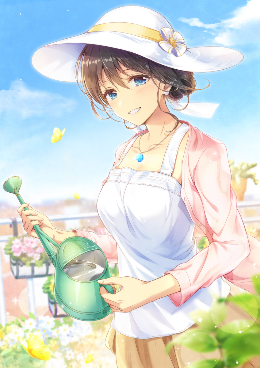 1girl black_hair blue_eyes blue_sky bow brown_skirt camisole earrings floral_bow grin hat hat_bow highres jacket jewelry lens_flare looking_at_viewer mono_lith necklace open_clothes open_jacket original outdoors parted_lips pink_jacket short_hair skirt sky smile solo sun_hat watering_can white_camisole white_hat