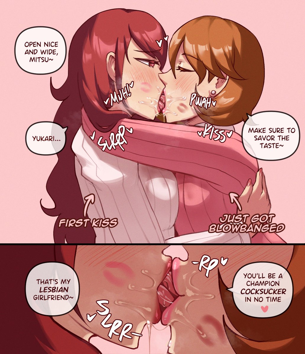 2girls 2koma bisexual_female breast_press breasts close-up closed_eyes comic cum_swap ear_piercing english_text french_kiss heart heart-shaped_pupils highres hug kirijou_mitsuru kiss kiss_focus large_breasts lesbian_conversion lips lipstick_mark lipstick_mark_on_face long_hair looking_at_another multiple_girls netorare orientation_play persona persona_3 piercing red_eyes red_hair saliva short_hair simple_background sound_effects stated_homosexuality sweater symbol-shaped_pupils symmetrical_docking takeba_yukari tongue wingedwasabi