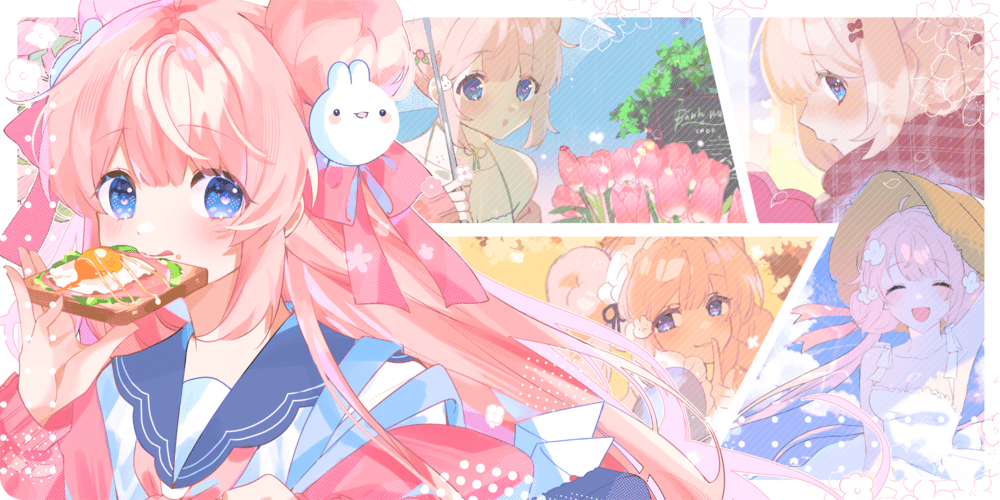 blue_eyes bun-mii bun_mii closed_eyes double_bun dress egg finger_to_mouth flower food hair_bun hair_ornament ham happy hat heart heart_in_eye indie_virtual_youtuber long_hair open_mouth pink_hair sailor_collar sandwich scarf school_uniform smile symbol_in_eye white_dress
