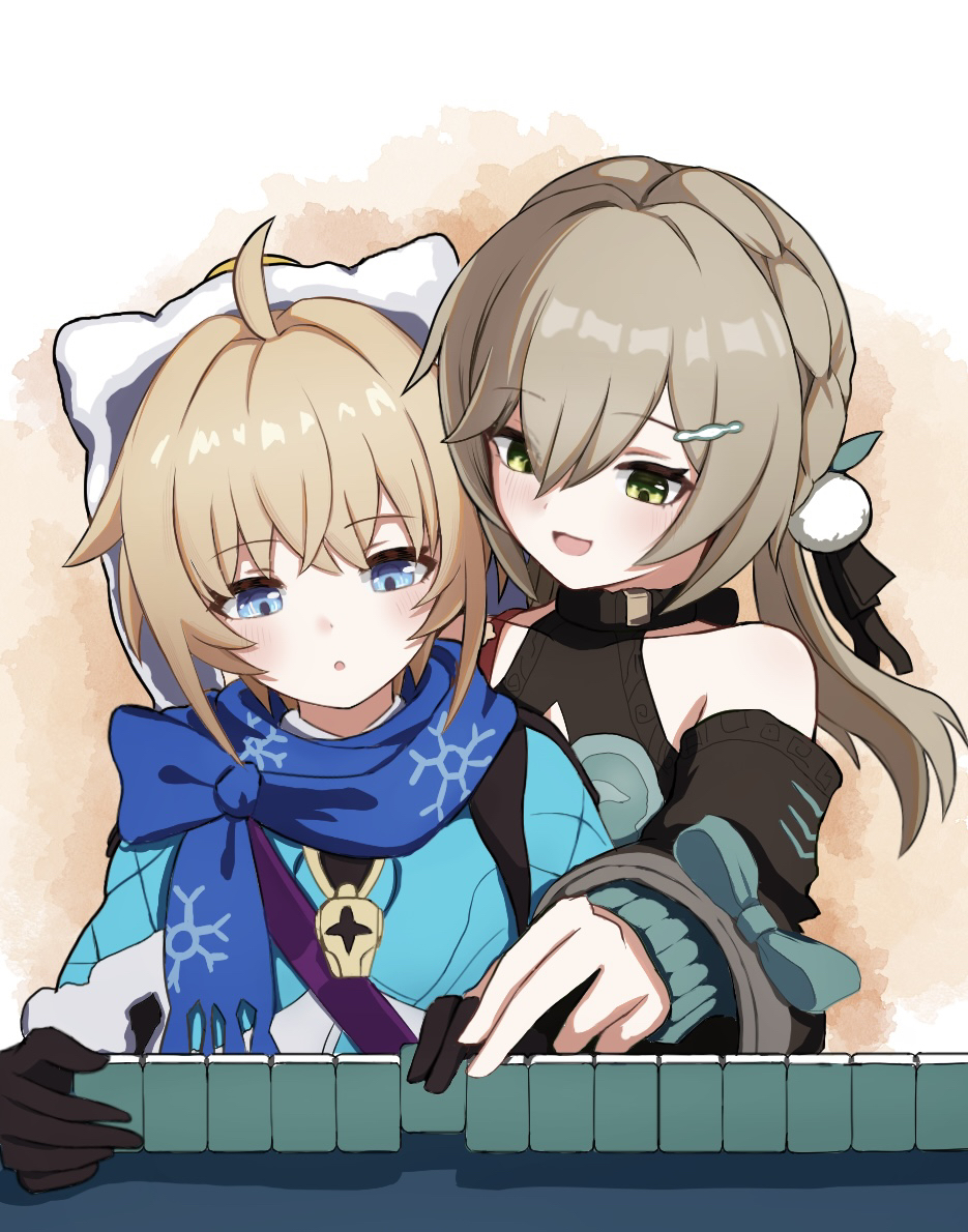 2girls ahoge animal_ear_hood animal_ears animal_hood blonde_hair blue_eyes blue_scarf brown_hair cat_hood fake_animal_ears green_eyes hair_between_eyes hair_ornament honkai:_star_rail honkai_(series) hood long_hair lynx_landau mahjong mahjong_tile multiple_girls print_scarf qingque_(honkai:_star_rail) scarf short_hair snowflake_print upper_body user_kzww4282