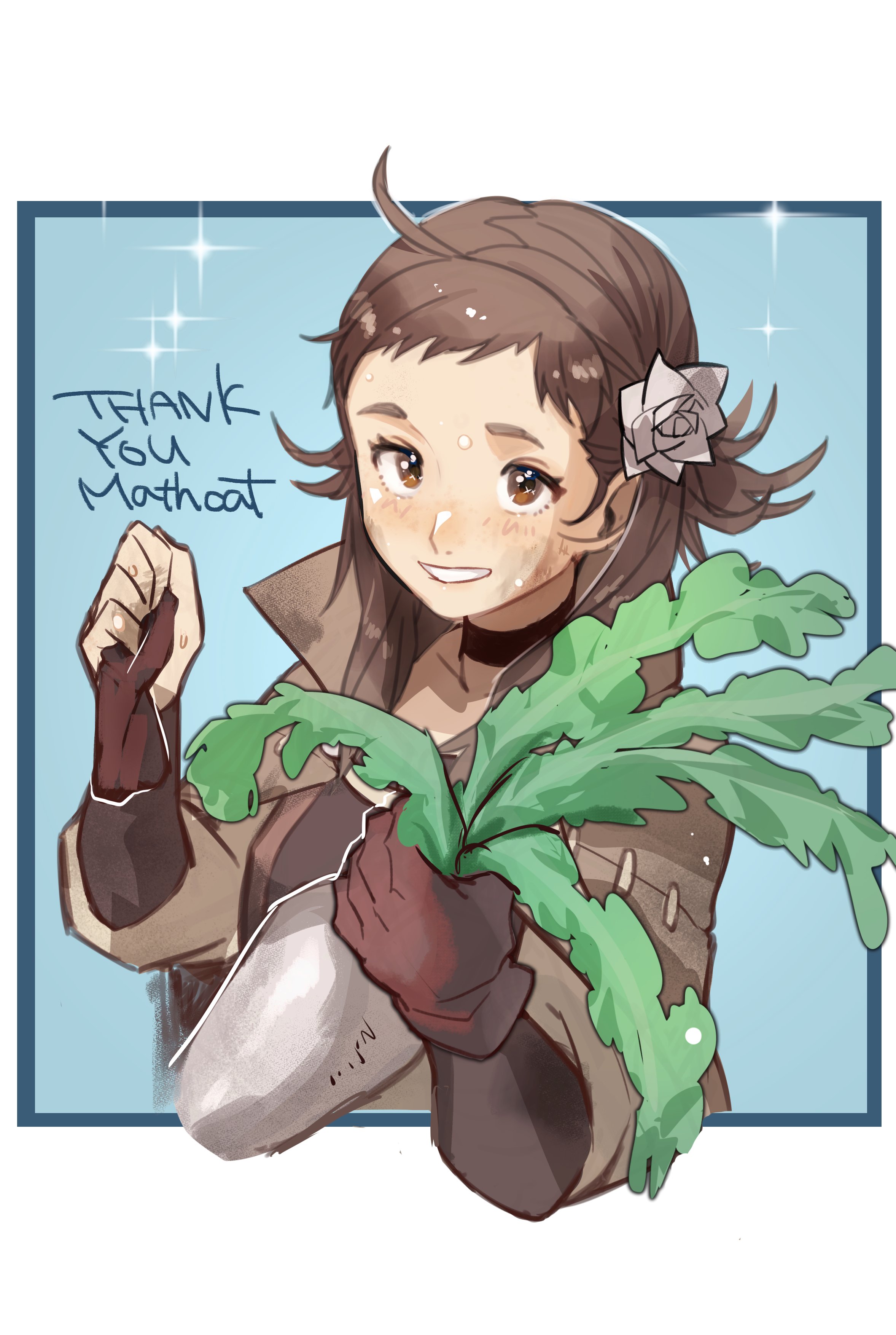 1girl absurdres ahoge black_choker blue_background border brown_eyes brown_hair brown_jacket choker clenched_hand collar commission cropped_torso eyelashes fire_emblem fire_emblem_fates flower hair_flower hair_ornament highres holding holding_plant jacket looking_at_viewer misokatsuhaumai mozu_(fire_emblem) nintendo outside_border plant potted_plant short_hair simple_background smile solo sparkle teeth thank_you white_border white_flower