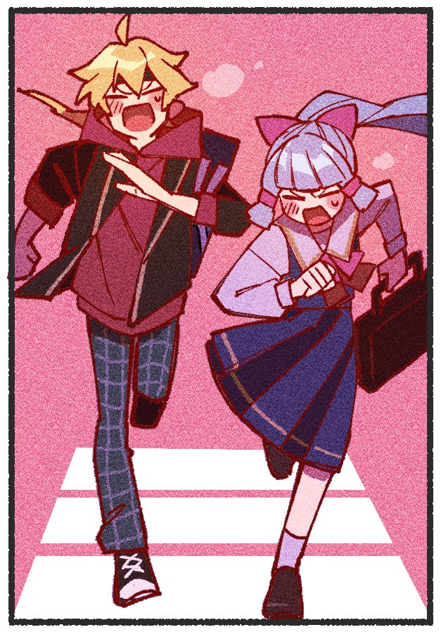 1boy 1girl ahoge ayaka_(genshin_impact) bag black_bag black_footwear black_headband black_jacket blonde_hair blue_dress blue_hair blue_pants blunt_bangs blush border bow briefcase clenched_hand closed_eyes collared_dress crosswalk dress floating_hair genshin_impact hair_between_eyes hair_bow headband high_ponytail holding holding_bag hood hood_down hoodie jacket kamisato_ayaka kamisato_ayaka_(gigo) late_for_school long_hair long_sleeves low_ponytail neck_ribbon nploser official_alternate_costume open_clothes open_jacket open_mouth pants pinafore_dress pink_background pink_bow pink_ribbon pleated_dress ponytail purple_socks red_hoodie ribbon running school_briefcase school_uniform shirt shoes sidelocks simple_background sleeveless sleeveless_dress socks sweatdrop thoma_(genshin_impact) thoma_(gigo)_(genshin_impact) v-shaped_eyebrows white_border white_shirt