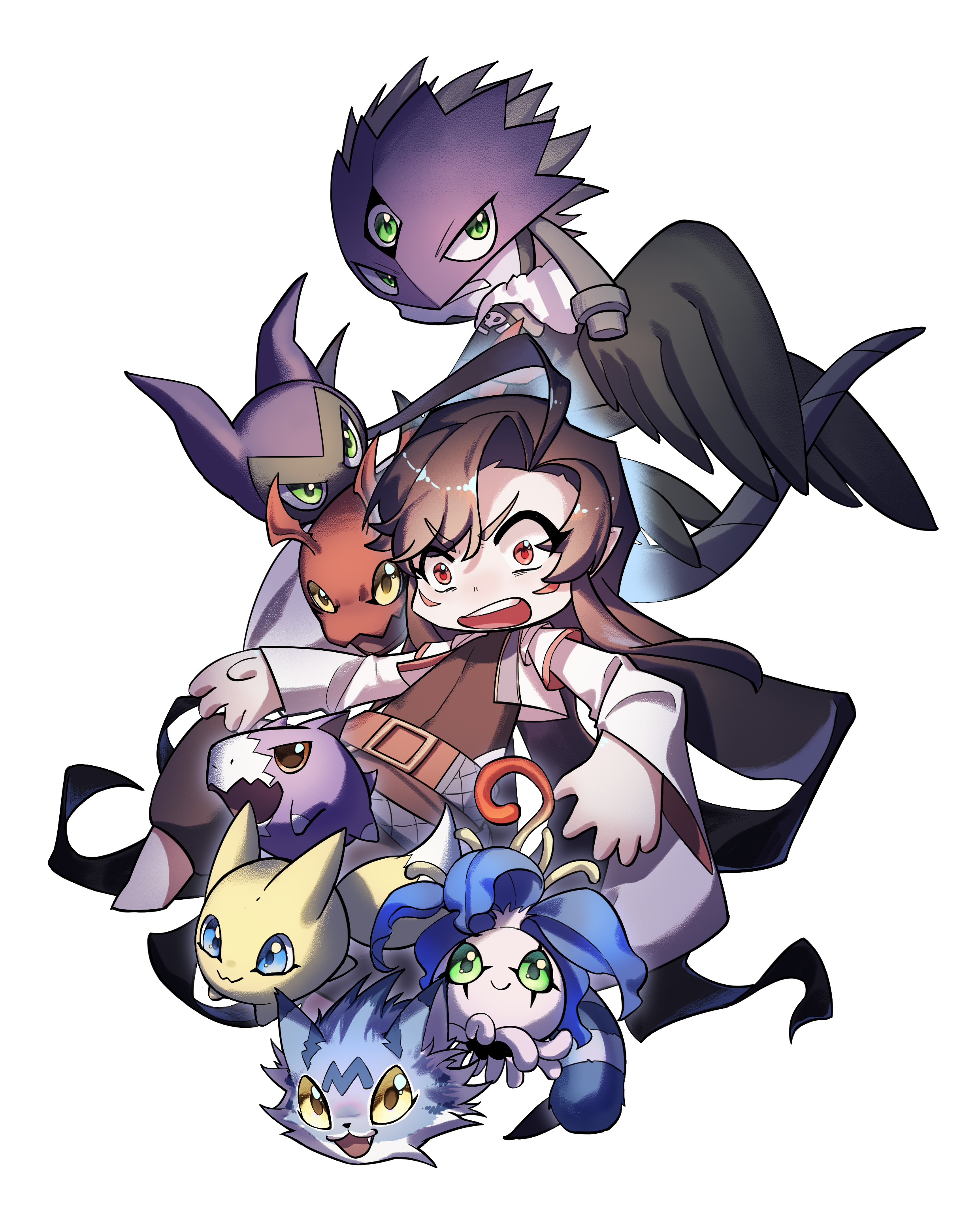 absurdres beelzebumon beelzebumon_blast_mode blue_eyes digimon digimon_(creature) dorimon gigimon green_eyes highres mask pokomon_(digimon) pyocomon red_eyes smile teeth wanyamon wings yarmon yellow_eyes