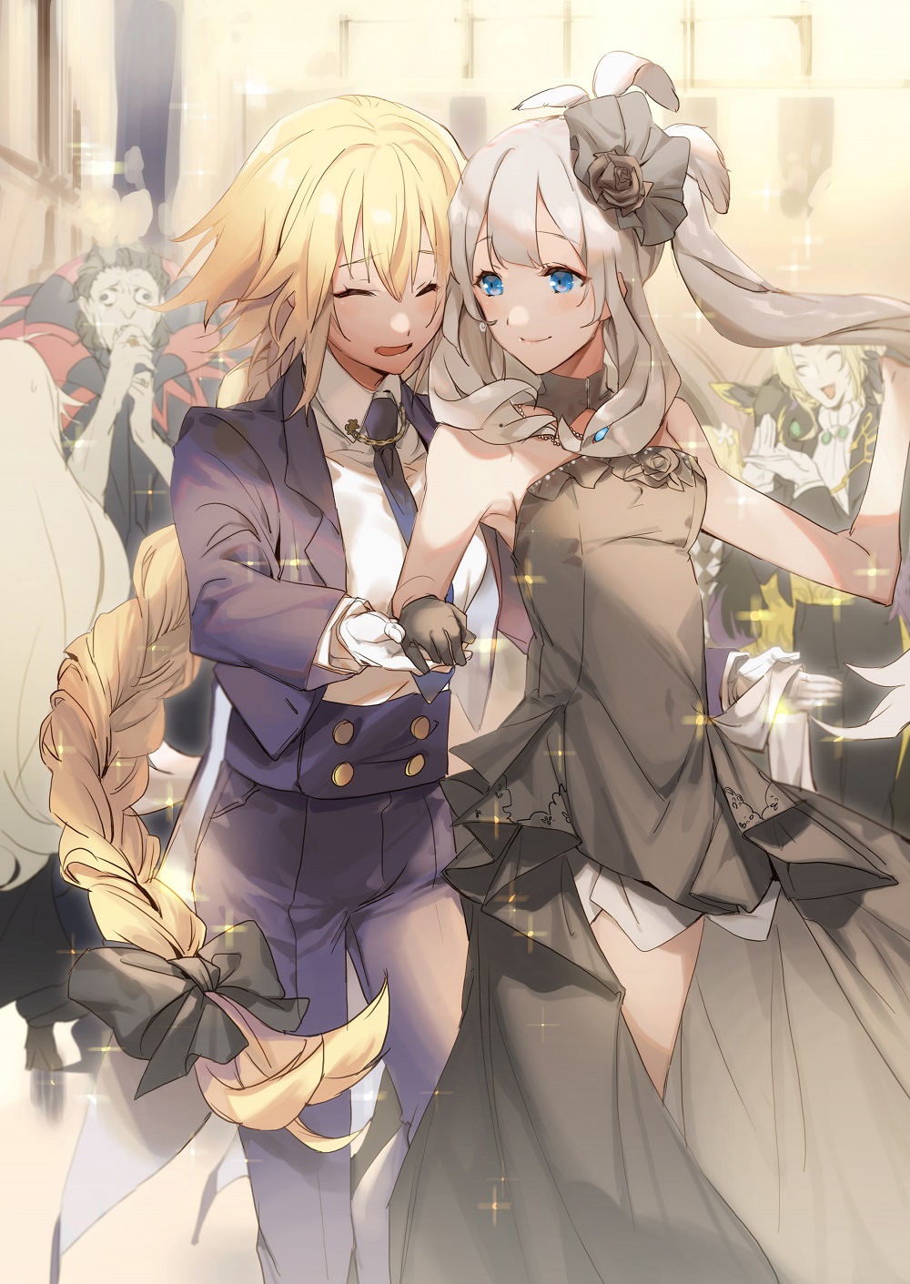 2girls alternate_costume bad_id bad_pixiv_id black_bow black_gloves blonde_hair bow braid closed_eyes commentary dancing dress fate/grand_order fate_(series) formal_clothes gilles_de_rais_(caster)_(fate) gilles_de_rais_(fate) gloves hair_bow hair_ornament highres holding_hands jeanne_d&#039;arc_(fate) jeanne_d&#039;arc_(ruler)_(fate) long_braid long_hair marie_antoinette_(fate) marie_antoinette_(formal_dress)_(fate) multiple_girls necktie no-kan official_alternate_costume silver_hair single_braid smile sparkle strapless strapless_dress suit sweat very_long_hair white_gloves wolfgang_amadeus_mozart_(fate)