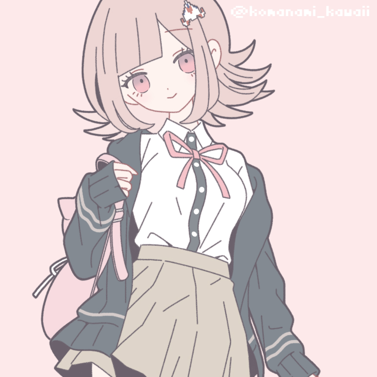 1girl animal_bag breasts brown_hair brown_skirt cat_bag collared_shirt danganronpa_(series) danganronpa_2:_goodbye_despair flipped_hair galaga hair_ornament hood jacket komanami_kawaii long_sleeves looking_at_viewer medium_hair nanami_chiaki neck_ribbon open_clothes open_jacket pink_bag pink_eyes pink_ribbon pleated_skirt ribbon shirt skirt smile solo spaceship_hair_ornament two-tone_shirt white_shirt