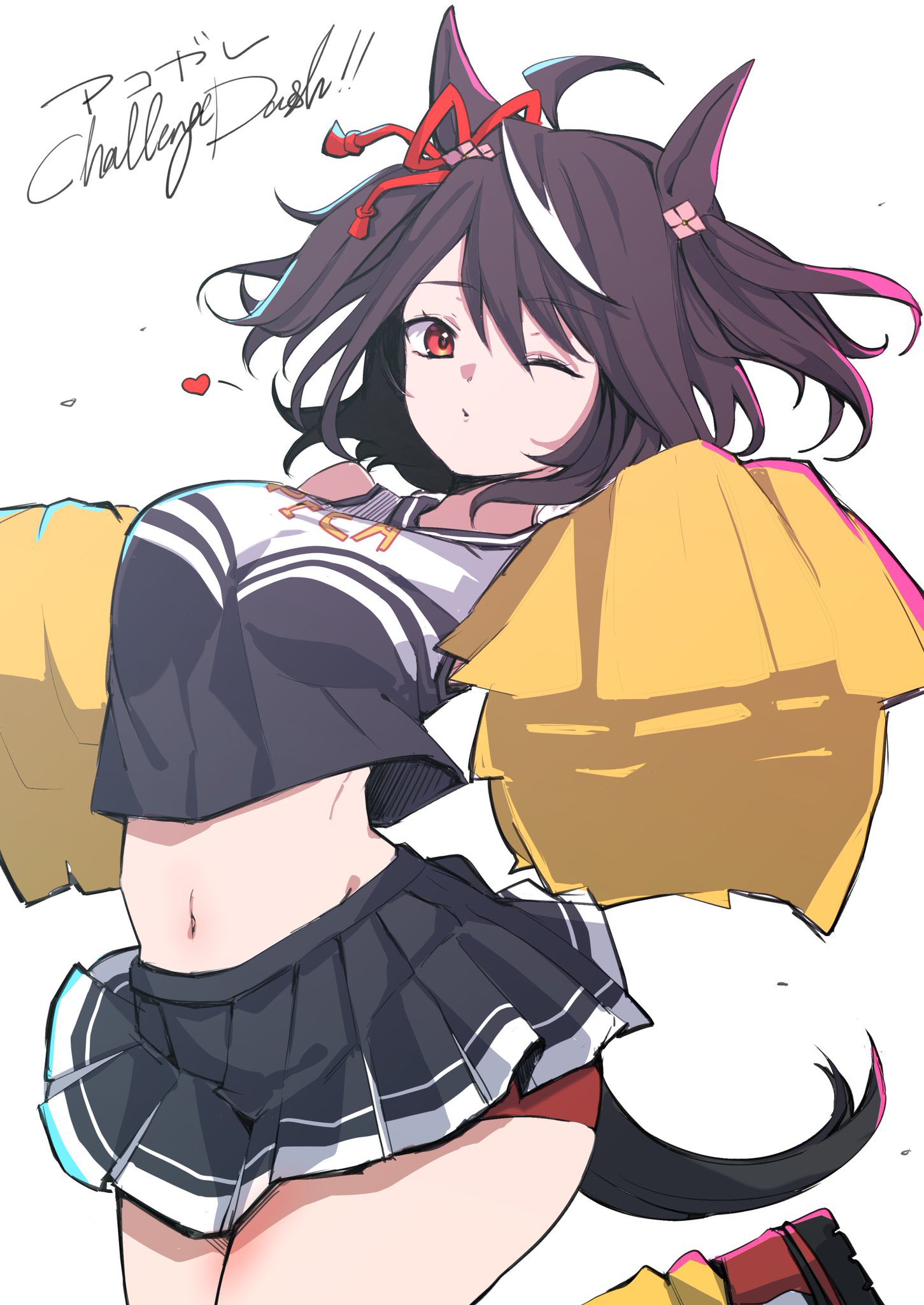 1girl animal_ears bare_shoulders black_skirt cheerleader floating_hair highres horse_ears horse_girl horse_tail kitasan_black_(umamusume) looking_at_viewer midriff miniskirt multicolored_hair one_eye_closed pleated_skirt red_eyes skirt solo tail two-tone_hair umamusume umamusume_(anime) white_background yoino_iyo