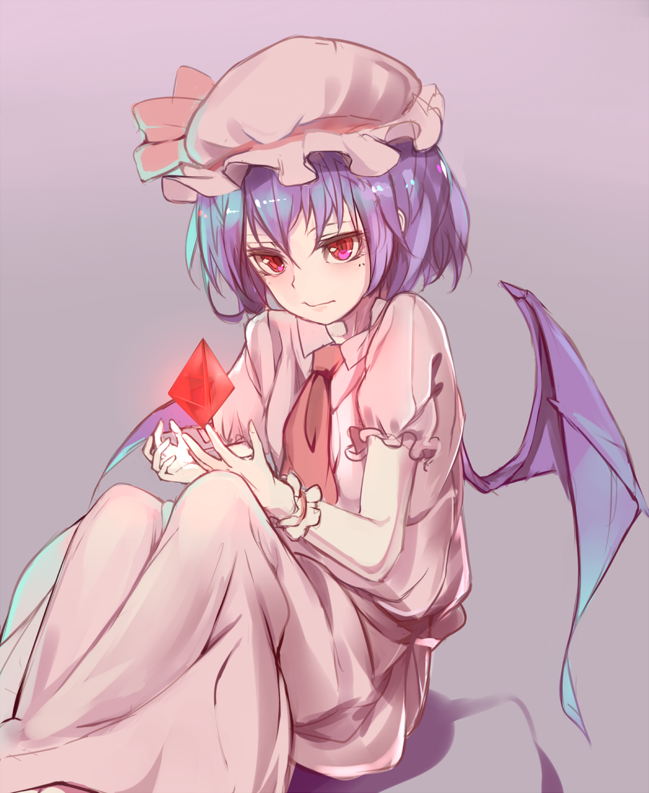 1girl bat_wings crystal female_focus hat light_purple_hair mob_cap puffy_short_sleeves puffy_sleeves radiosity_(yousei) red_eyes remilia_scarlet ribbon shirt short_hair short_sleeves sitting skirt skirt_set solo sparkle touhou vampire wings wrist_cuffs