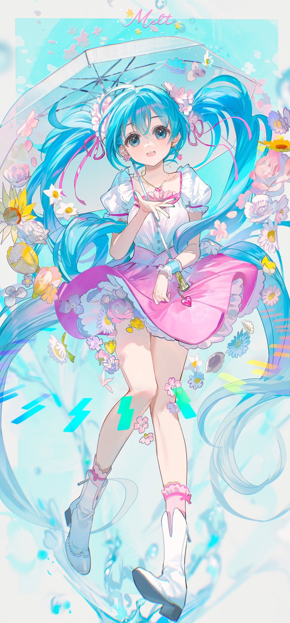 1girl aqua_eyes aqua_hair aqua_nails arm_at_side bare_legs boots cherry_blossoms commentary daisy earrings english_text flower frilled_shirt frills full_body hair_flower hair_ornament hair_ribbon hand_up hatsune_miku heart heart_necklace highres jewelry knees_together_feet_apart long_hair looking_at_viewer melt_(vocaloid) miniskirt mismatched_earrings nail_polish necklace open_mouth outstretched_hand petals petticoat pink_flower pink_ribbon pink_skirt pink_socks puffy_short_sleeves puffy_sleeves ribbon rumoon shirt short_sleeves single_wrist_cuff skirt smile socks solo song_name sunflower teeth tulip twintails umbrella upper_teeth_only vocaloid water water_drop white_boots white_flower white_shirt wind wind_lift wrist_cuffs yellow_flower
