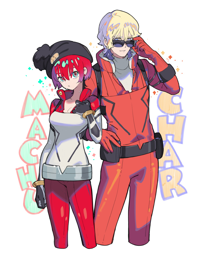 1boy 1girl amate_yuzuriha aqua_eyes black_hat blonde_hair blue_eyes char_aznable gundam gundam_gquuuuuux hat holding holding_removed_eyewear looking_at_viewer mecha_pilot_suit quattro_bajeena short_hair starshadowmagician sunglasses unworn_eyewear zeta_gundam