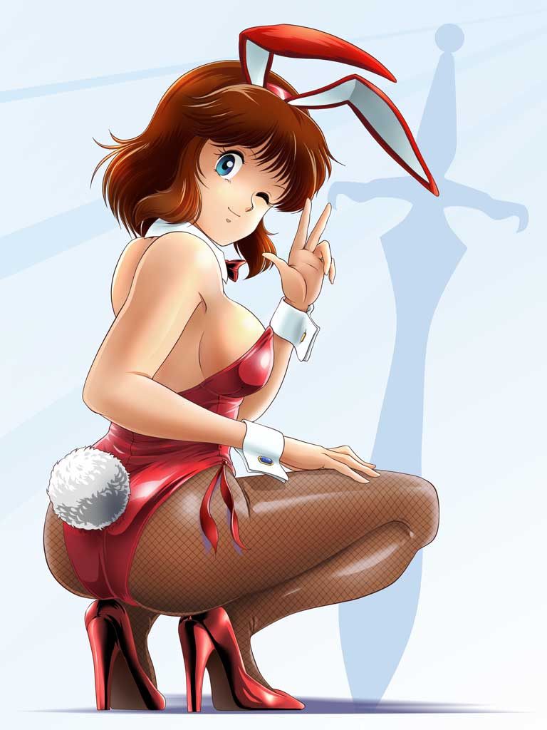 1girl animal_ears ass banned_artist blue_eyes bow bowtie brown_hair brown_pantyhose commentary_request daicon daicon_bunny_girl daicon_iv detached_collar fake_animal_ears full_body high_heels leotard looking_at_viewer medium_hair one_eye_closed pantyhose playboy_bunny rabbit_ears rabbit_tail red_bow red_bowtie red_footwear red_leotard short_hair solo squatting strapless strapless_leotard sword tail tamanegiinyo v weapon wrist_cuffs