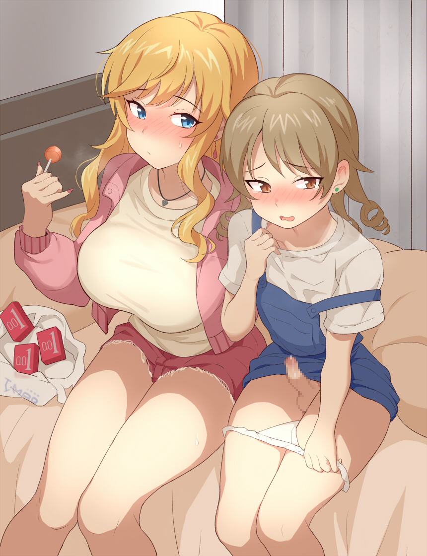 1futa 1girl bag bed blonde_hair blue_dress blue_eyes blush breasts brown_eyes candy censored chupa_chups closed_mouth clothes_lift commentary_request condom_box curtains cutoffs dress dress_lift drill_hair earrings embarrassed erection feet_out_of_frame fingernails food foreskin futa_with_female futanari genmon hand_up heart heart_necklace holding holding_candy holding_food holding_lollipop idolmaster idolmaster_cinderella_girls indoors jacket jewelry knees_together_feet_apart large_breasts light_brown_hair lollipop long_fingernails long_hair long_sleeves looking_at_another looking_away looking_to_the_side morikubo_nono mosaic_censoring nail_polish necklace nose_blush ohtsuki_yui okamoto_condoms on_bed open_bag open_clothes open_jacket open_mouth panties panty_pull pendant penis pillow pinafore_dress pink_jacket plastic_bag precum pulling_own_clothes raised_eyebrows red_nails red_shorts shirt shopping_bag short_shorts short_sleeves shorts side-by-side sidelocks sideways_glance sitting sleeveless sleeveless_dress small_penis strap_slip stud_earrings sweatdrop swept_bangs tearing_up testicles underwear wavy_mouth white_panties white_shirt