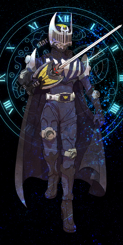 1boy bad_id bad_pixiv_id belt cape clock full_body kamen_rider kamen_rider_knight kamen_rider_ryuki_(series) knight male_focus mofuko solo sword weapon