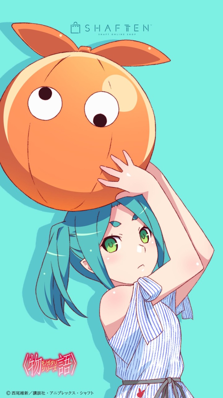 1girl :&lt; adapted_object aqua_background aqua_hair arms_up artist_request ball beachball belt blue_dress breasts bright_pupils closed_mouth commentary copyright_name copyright_notice dress drop_shadow expressionless from_side googly_eyes grey_belt highres hikimayu holding holding_ball light_blush long_hair looking_at_viewer looking_to_the_side monogatari_(series) object_on_head off-shoulder_dress off_shoulder official_art official_wallpaper ononoki_yotsugi parted_bangs pinstripe_dress pinstripe_pattern pointy_ears promotional_art short_eyebrows sidelocks sleeveless sleeveless_dress small_breasts solo striped_clothes striped_dress thick_eyebrows third-party_source twintails two-tone_dress upper_body vertical-striped_clothes vertical-striped_dress white_dress