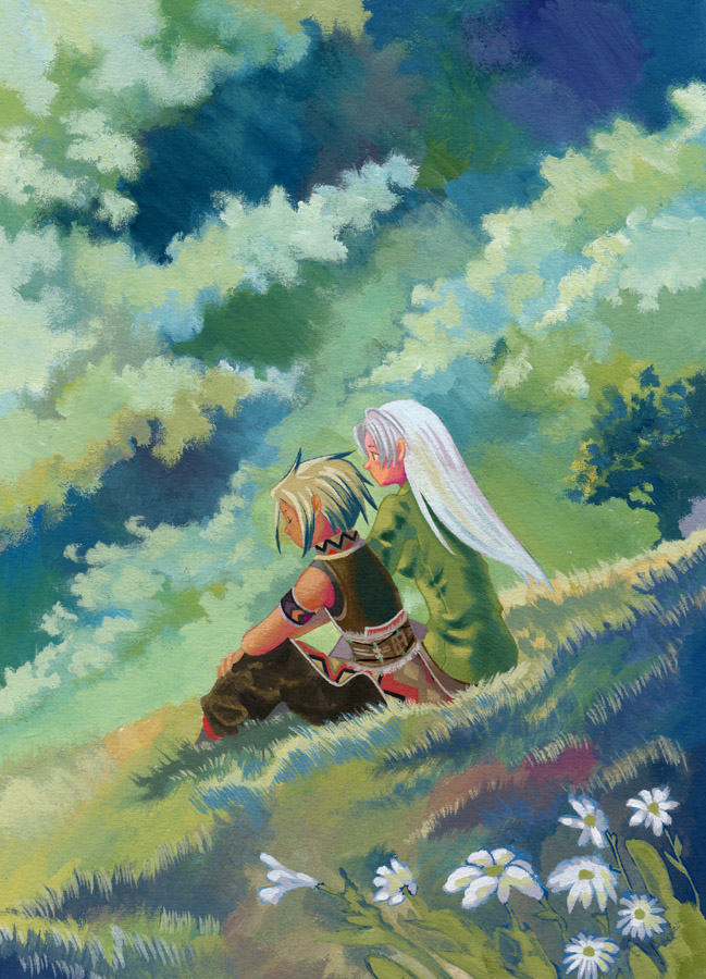 chris_lightfellow cloud flower gensou_suikoden gensou_suikoden_iii grass hugo_(suikoden_iii) long_hair madillo on_grass outdoors short_hair sitting white_hair