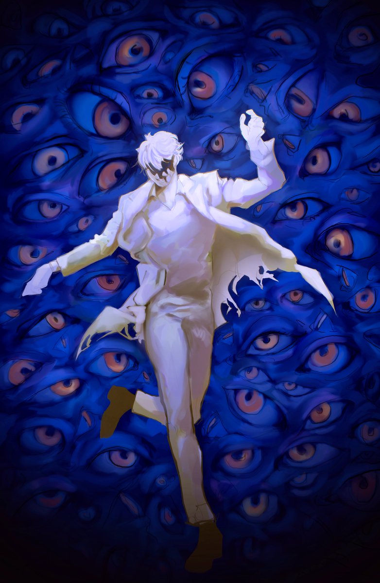 1boy :d blood blood_from_forehead blood_on_face coat color_contrast full_body gouged_eye grin highres kim_dokja looking_at_another macaronijail male_focus omniscient_reader&#039;s_viewpoint open_mouth orange_eyes outstretched_arms short_hair smile standing standing_on_one_leg torn_clothes white_coat white_hair wide-eyed