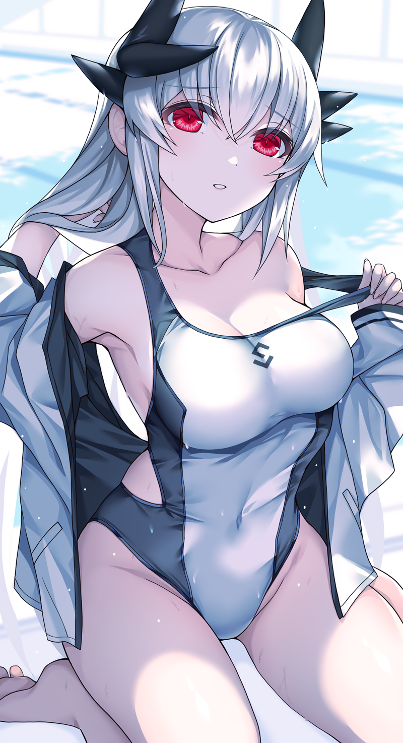 1girl alternate_costume bare_shoulders barefoot blush breasts collarbone commentary_request competition_swimsuit dragon_girl dragon_horns fate/grand_order fate_(series) hand_in_own_hair highres horns jacket kiyohime_(fate) kneeling large_breasts long_hair long_sleeves looking_at_viewer morizono_shiki off_shoulder one-piece_swimsuit open_clothes open_jacket parted_lips pool red_eyes smile solo strap_pull swimsuit thighs two-tone_swimsuit water white_hair white_jacket