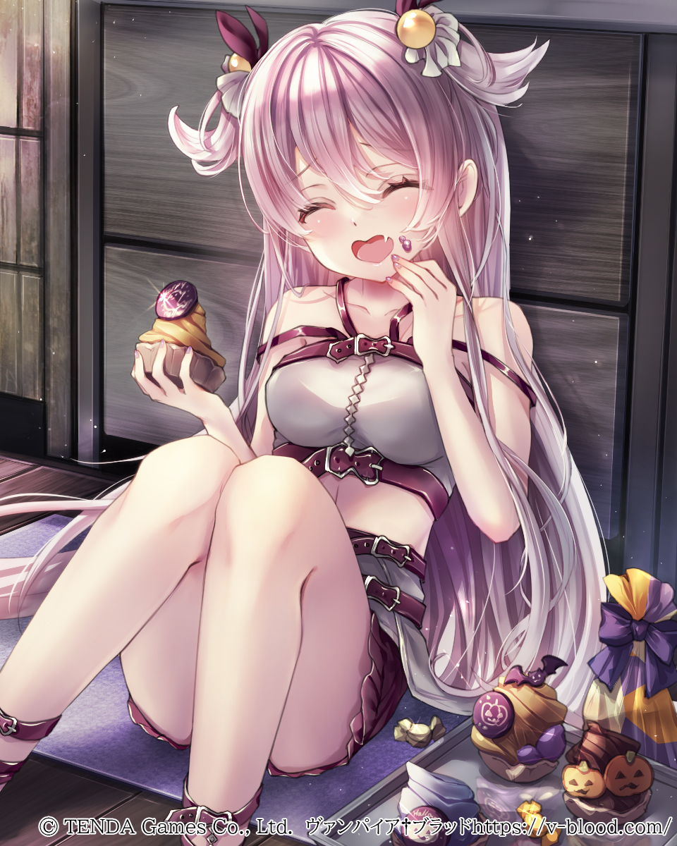 1girl bare_shoulders belt black_skirt blush breasts cabinet candy chikaede closed_eyes collarbone commentary_request crop_top cupcake double_strap_slip fang feet_out_of_frame food food_on_face grey_scrunchie hair_between_eyes hair_bobbles hair_ornament hair_scrunchie halloween hane_segawa highres indoors knees_up large_breasts leaning_back long_hair mat midriff multiple_belts official_art open_mouth pink_hair scrunchie shirt sitting skin_fang skirt smile solo sweets tray two_side_up vampire_blood very_long_hair white_shirt
