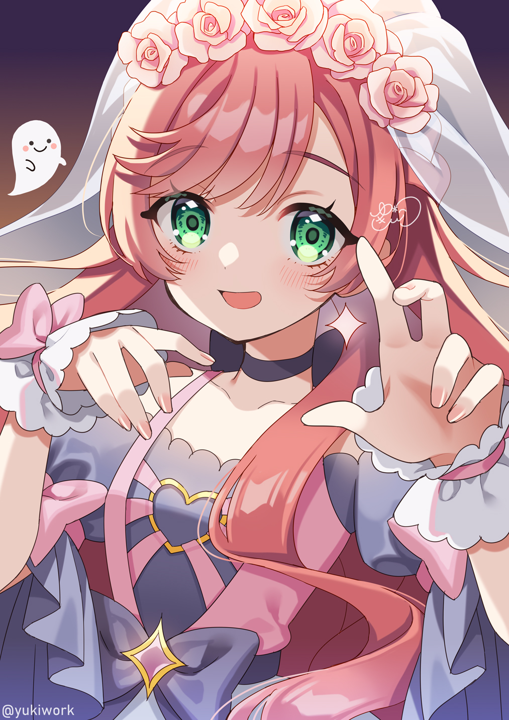 1girl black_bow black_choker bow bridal_veil bride choker claw_pose commentary dress dress_bow frilled_cuffs ghost green_eyes grey_dress halloween heart highres hirogaru_sky!_precure long_hair looking_at_viewer nijigaoka_mashiro official_alternate_costume open_mouth pink_hair precure puffy_short_sleeves puffy_sleeves short_sleeves smile solo standing twitter_username veil waist_bow wedding_dress yukinko_(yukiwork)