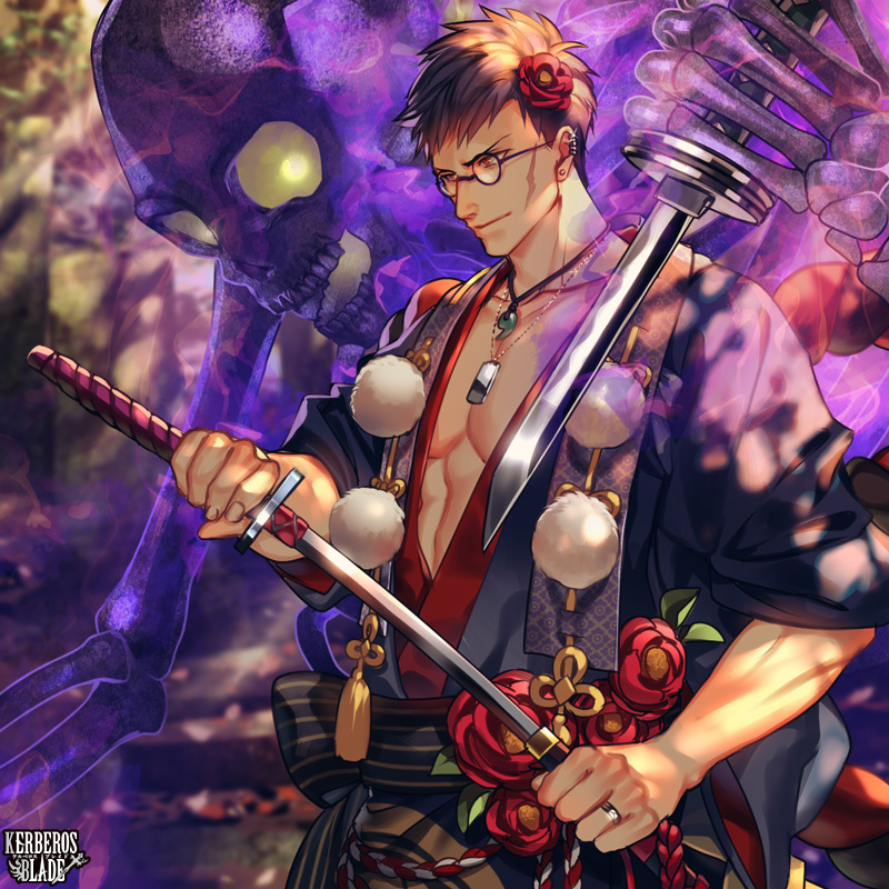 1boy black-framed_eyewear blurry blurry_background copyright_name cowboy_shot day dog_tags earrings flower glasses hair_flower hair_ornament jewelry kerberos_blade knife magatama magatama_necklace male_focus muscular necklace official_art otani_(gloria) outdoors red_eyes red_flower ring scar scar_on_face sheath skeleton solo standing stud_earrings tassel unsheathing watermark