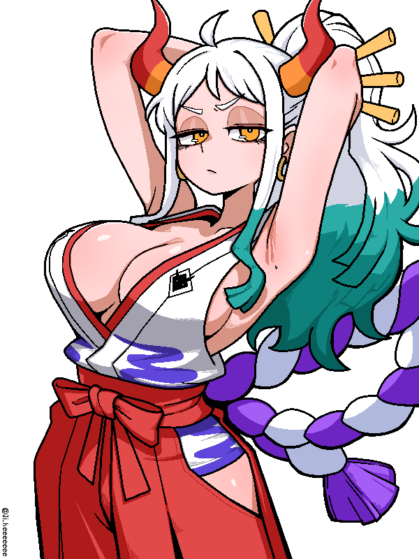 1girl armpits arms_behind_head blue_hair breasts cleavage closed_mouth earrings hakama half-closed_eyes horns jaggy_lines japanese_clothes jewelry ji_heeeeeee large_breasts long_hair looking_at_viewer mole mole_on_armpit multicolored_hair multicolored_horns one_piece orange_eyes ponytail red_hakama simple_background sleeveless solo twitter_username white_background white_hair yamato_(one_piece)